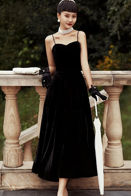 Elegant Spaghetti Straps Sweetheart Black Velvet Prom Dresses Y0433
