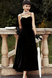 Elegant Spaghetti Straps Sweetheart Black Velvet Prom Dresses Y0433