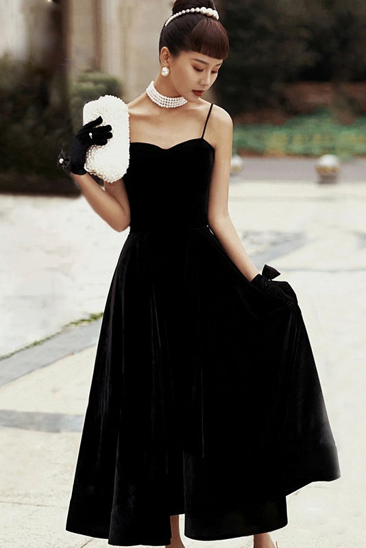 Elegant Spaghetti Straps Sweetheart Black Velvet Prom Dresses Y0433