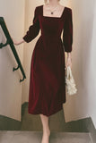 Vintage Square Necking Tea Length Burgundy Velvet Prom Dresses Y0435