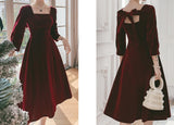 Vintage Square Necking Tea Length Burgundy Velvet Prom Dresses Y0435