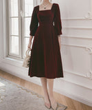 Vintage Square Necking Tea Length Burgundy Velvet Prom Dresses Y0435