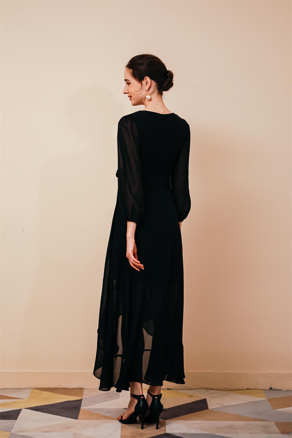 High Low Black Chiffon Long Sleeves Prom Dresses Y191049