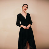 High Low Black Chiffon Long Sleeves Prom Dresses Y191049