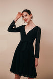 Elegant V-Neck Long Sleeves Chiffon Black Short Prom Dresses Y231048