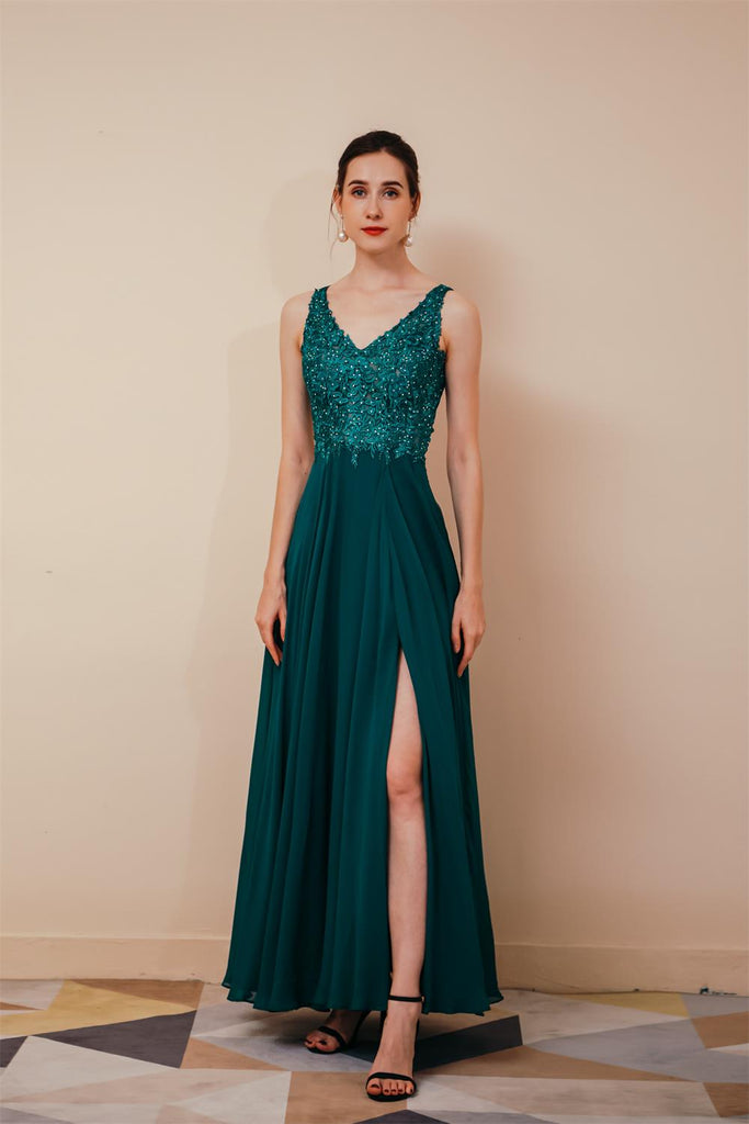 Elegant V-Neck Chiffon Appliques A Line Long Prom Dresses Y291042