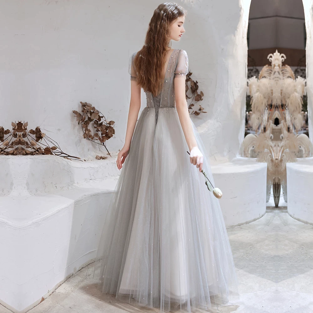 A Line V-Neck Short Sleeve Floor Length Prom Dresses Sequins Party Dresses WH361013