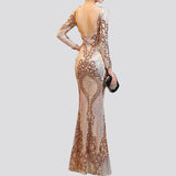 Unique Long Sleeves Mermaid Zipper Back Long Sequin Prom Dress