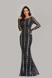 New Arrival Black And Silver Long Sleeves Mermaid Long Prom Dresses