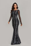 New Arrival Black And Silver Long Sleeves Mermaid Long Prom Dresses
