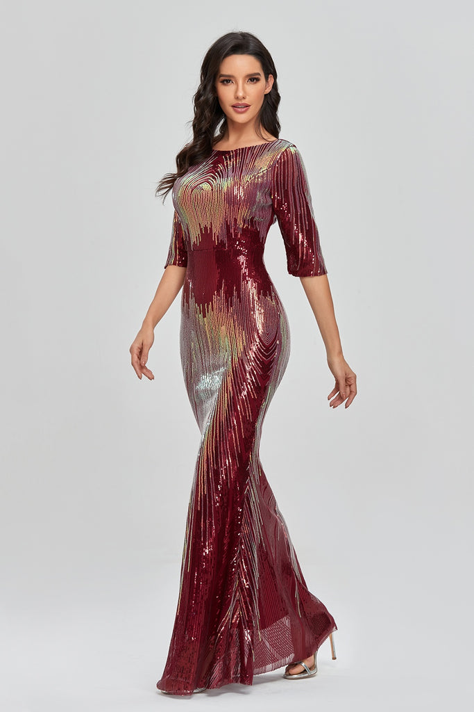 Mermaid Half Sleeves V-back Long Sequin Prom Dresses YTW00029