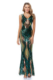 Glitter V-Neck Zipper Back Green Long Sequin Prom Dresses YTW0026