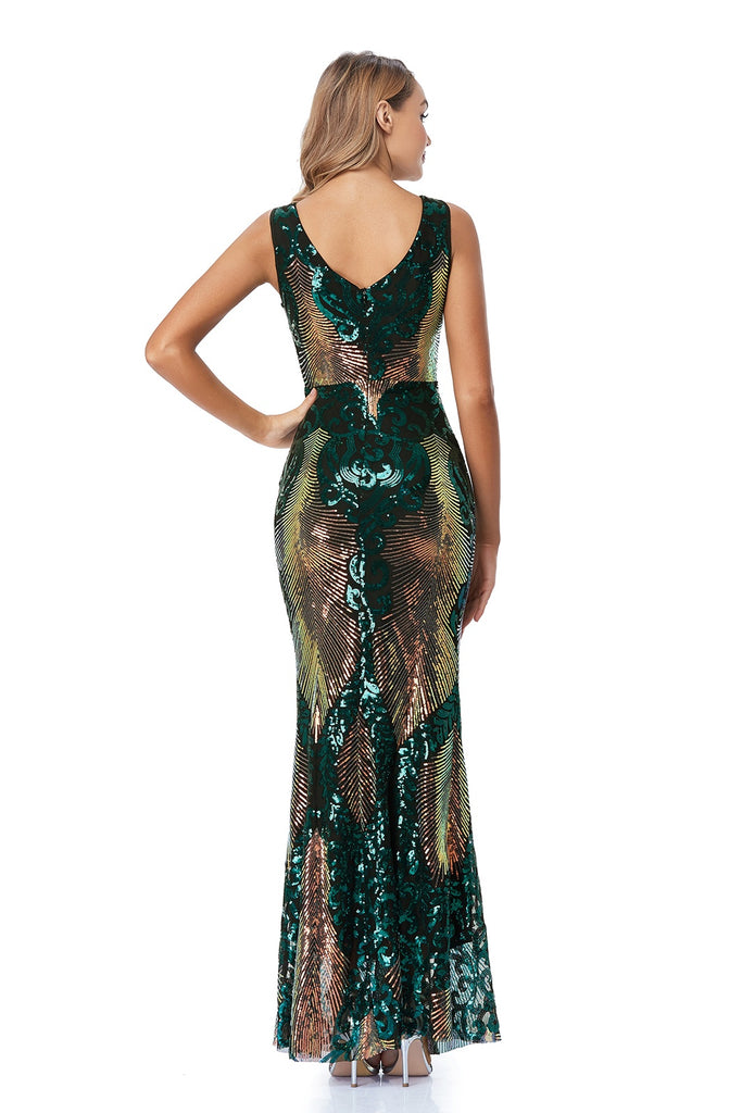 Glitter V-Neck Zipper Back Green Long Sequin Prom Dresses YTW0026