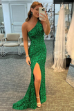 One Shoulder Mermaid Shiny Green Sequins Long Prom Dresses