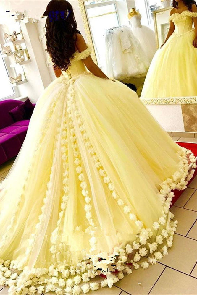 Yellow Ball Gown Quinceanera Dresses 3D Flowers Off Shoulder Sweet 16 Princess Prom Gowns N1654