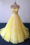 Yellow Lace Strapless Long Graduation Dresses Sweetheart Prom Dresses For Teens N1470