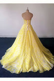 Yellow Lace Strapless Long Graduation Dresses Sweetheart Prom Dresses For Teens N1470
