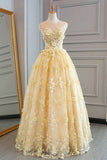 New Style Yellow Sheer Neck Tulle Lace Appliqued Floor-length Prom Dresses,N681