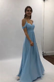 A Line Light Blue Chiffon Flowy Long Prom Dresses with Pleats