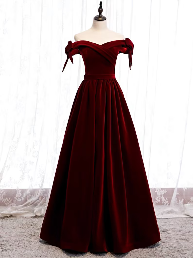 Off-the-shoulder Wine Ball gown Velvet Sweetheart A-line Prom Dress Y0464