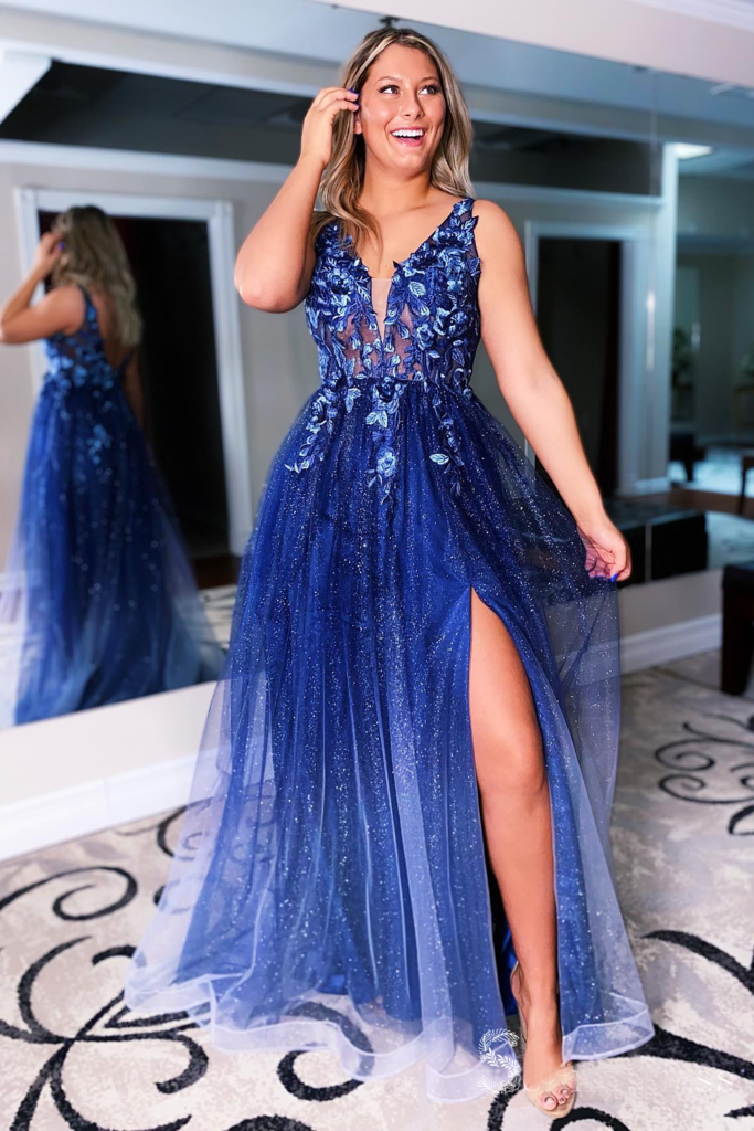 A Line V-Neck Navy Blue Sparkly Long Formal Evening Gowns Prom Dresses