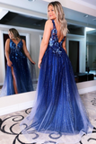 A Line V-Neck Navy Blue Sparkly Long Formal Evening Gowns Prom Dresses