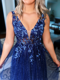 A Line V-Neck Navy Blue Sparkly Long Formal Evening Gowns Prom Dresses