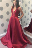 A Line V-Neck Satin Red Fluffy Prom Dresses with Pockets
