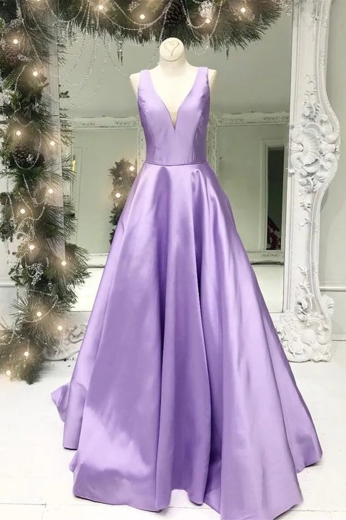 A Line V-Neck Satin Red Fluffy Prom Dresses with Pockets