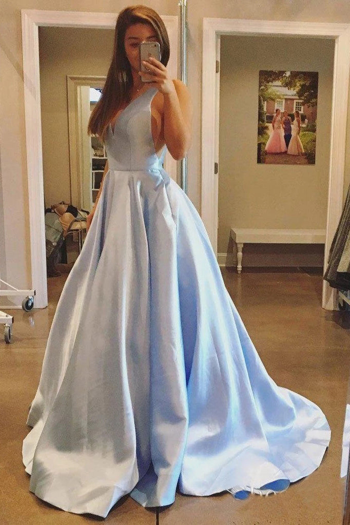 A Line V-Neck Satin Red Fluffy Prom Dresses with Pockets