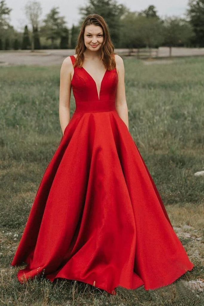 Simple A-line V-neck Satin Long Cheap Red Puffy Prom Dresses with Pocket N2034