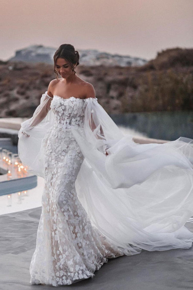 Mermaid Strapless Lace Beach Wedding Dresses with Detachable Train N108