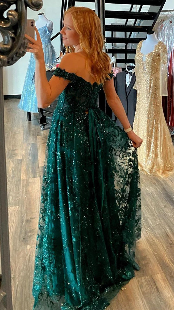 Off Shoulder Dark Green Lace Long Prom Dresses, Dark Green Lace