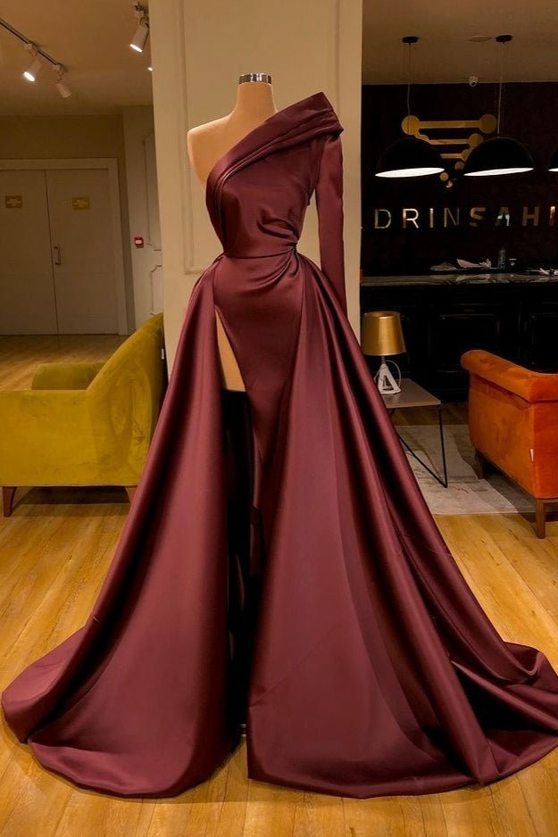 A Line Long Sleeves One Shoulder Burgundy Prom Dress with Split PD0570