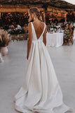 A Line V-neck Satin Wedding Dresses with Slit N078