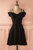 Simple Strap Black Short Satin Graduation Dresses, A Line Ruched Homecoming Dress