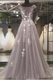 Puffy Cap Sleeves Tulle Prom Dresses with Lace Appliques A Line Long Formal Dresses N1741