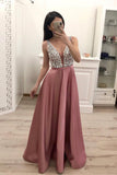 A Line Satin Prom Dress with Beading Sequins, Sparkly V Neck Evening Dresses N1524