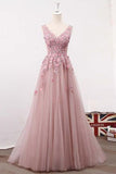 Blush Pink Elegant V Neck Tulle Prom Dresses, A Line Appliques Evening dresses with Flowers N1463