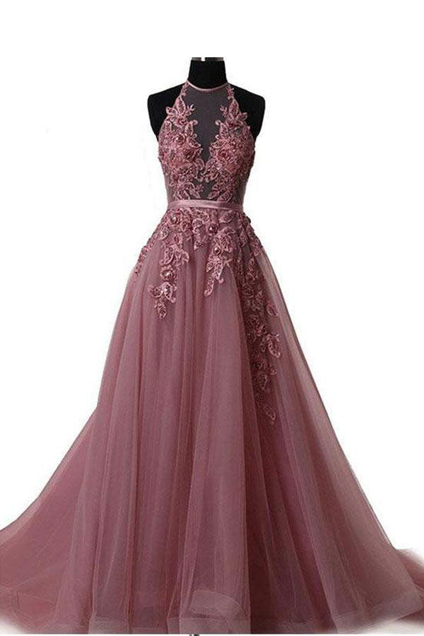 A Line Cheap Halter Tulle Prom Dress with Appliques, Long Party Dress with Rhinestones N1464
