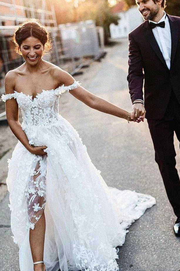White Off the Shoulder Lace Beach Wedding Dresses Rustic Boho Wedding Dress N2264