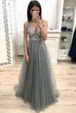 A Line V-Neck Beading Sleeveless Tulle Prom Dresses With Sequins N1704