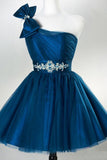 A Line One Shoulder Tulle Homecoming Dresses with Beading N2160