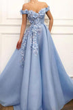 A Line Off the Shoulder Long Prom Dresses With Flower Appliques