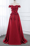 Burgundy Off the Shoulder A Line Satin Prom Dresses with Lace Flowers Party Dresses N1347