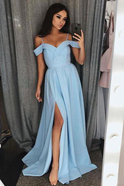 Light Blue Off the Shoulder Prom Dress with Side Slit, A Line Long ...
