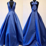A Line Royal Blue Deep V-Neck Sleeveless Long Prom Gown with Bowknot N645