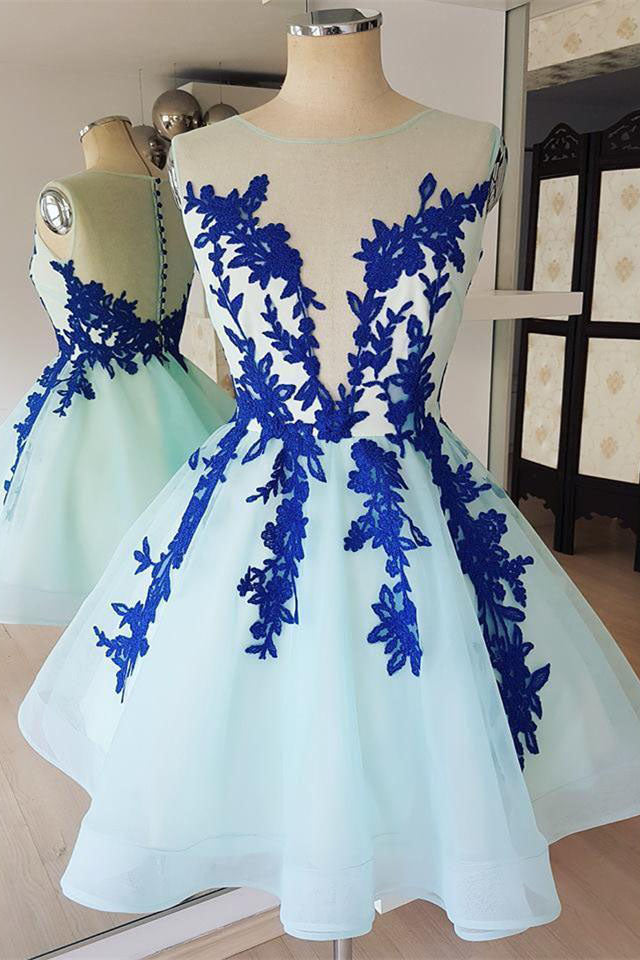 A Line Sheer Neck Sleeveless Homecoming Dresses with Appliques N1720