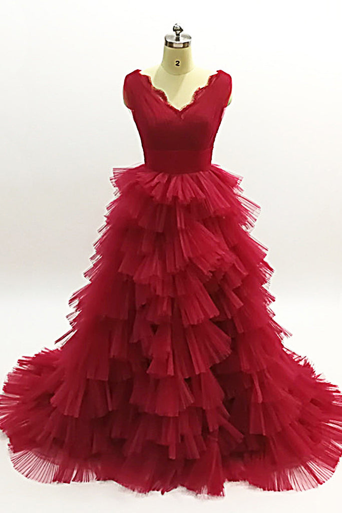 Burgundy Tulle Layered Long Evening Dresses A-Line V-Neck Tiered Tulle Prom Dresses N1472