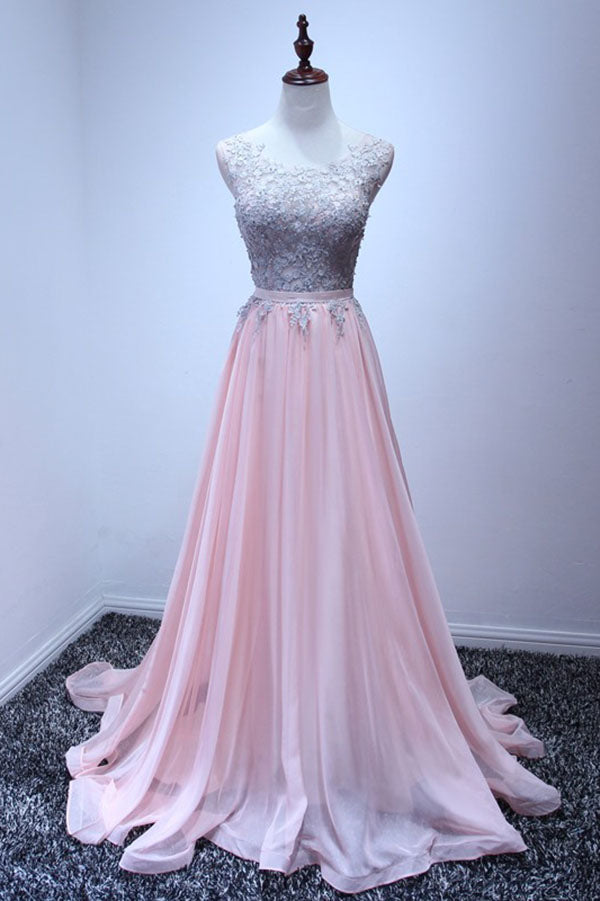 A Line Sleeveless Chiffon Long Appliqued Prom Dress, Pink Formal Dresses